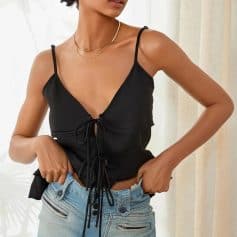 Cute black spaghetti strap top with tie-front detail, perfect for fashion-forward women's clothing and casual wear.