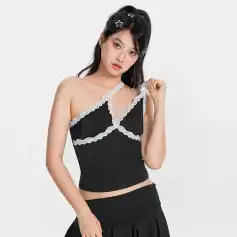 Fashionable women's black sleeveless top with contrasting white lace trim, perfect for stylish casual wear and fashion-forward looks.