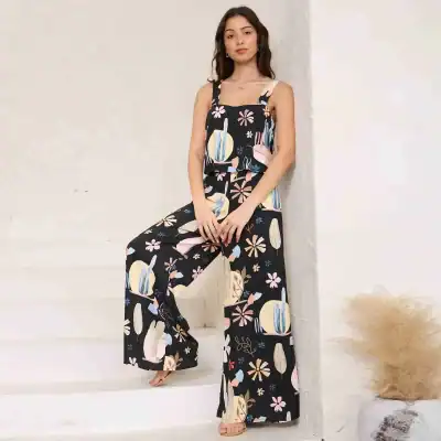 Fashionable women's jumpsuit with vibrant floral print.