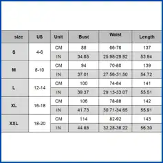 Chart of women's clothing sizes with measurements in centimeters and inches, showcasing options from small to extra-large, ideal for shopping at Monalisa Medical opt store.