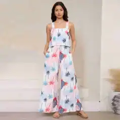 Colorful palm tree fashion jumpsuit for women, perfect for summer and beach outings. Stylish, comfortable, and lightweight, ideal for casual wear and vacations.