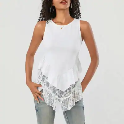 Stylish white sleeveless top with ruffle details and lace trim, perfect for chic fashion or casual wear, available at Monalisa Store.