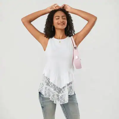 High-quality women's sleeveless summer top with lace details, perfect for casual and fashion-forward outfits.