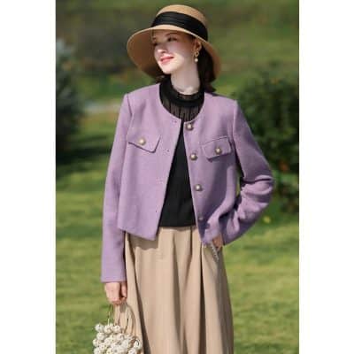 Chic women's purple blazer with gold buttons, perfect for fashionable outings. Shop latest women's blazers at Monalisa Medical for stylish and high-quality clothing options.