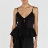 Black summer top with delicate spaghetti straps, stylish ruffled hem, and adjustable tie front, perfect for chic, casual, and elegant looks.
