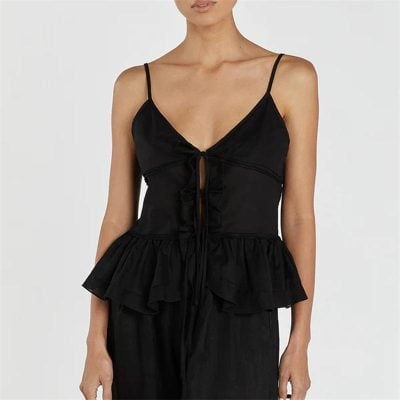 Black summer top with delicate spaghetti straps, stylish ruffled hem, and adjustable tie front, perfect for chic, casual, and elegant looks.