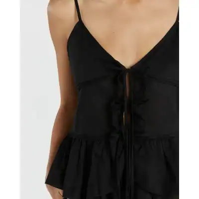 Black satin nightdress with adjustable straps and ruffled hem, perfect for comfortable sleepwear or intimate occasions, available at Monalisa Store.