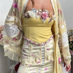 Beautiful women's fashion featuring floral embroidery, lace accents, and pastel colors, perfect for stylish and elegant occasions.