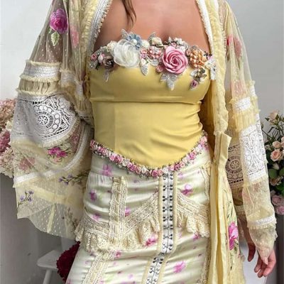 Beautiful women's fashion featuring floral embroidery, lace accents, and pastel colors, perfect for stylish and elegant occasions.