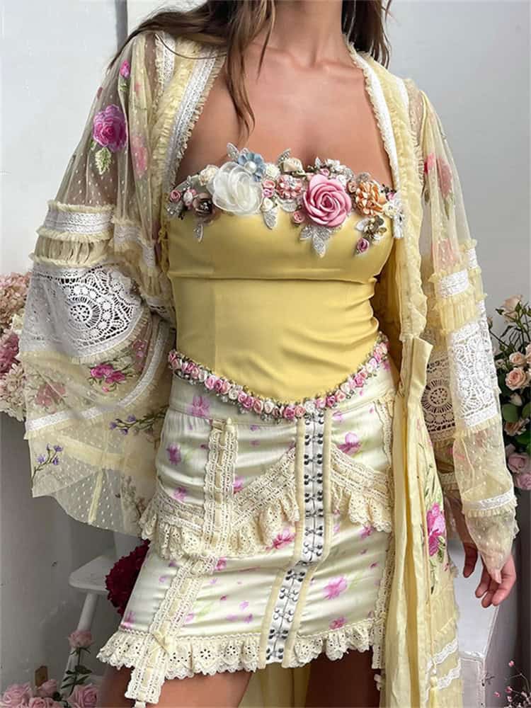 Beautiful women's fashion featuring floral embroidery, lace accents, and pastel colors, perfect for stylish and elegant occasions.