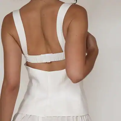 Elegant white lingerie back detail, showcasing smooth skin and delicate fabric design. Perfect for special occasions or everyday comfort.