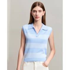 Stylish sleeveless top with blue and white stripes, perfect for casual or semi-formal occasions, highlighting modern fashion and eye-catching design.