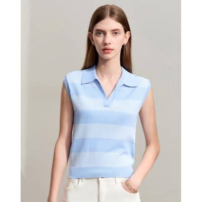Stylish sleeveless top with blue and white stripes, perfect for casual or semi-formal occasions, highlighting modern fashion and eye-catching design.