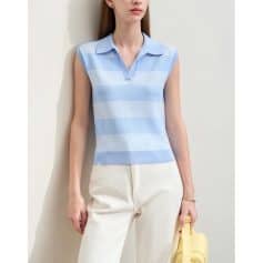 Light blue striped sleeveless knit top for women, perfect for casual or office wear.