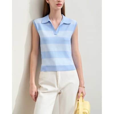Light blue striped sleeveless knit top for women, perfect for casual or office wear.