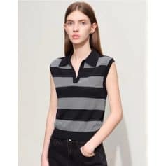 High-quality sleeveless black and gray striped tank top for women, perfect for casual and fashionable eyewear shop visits, emphasizing modern optical accessories.