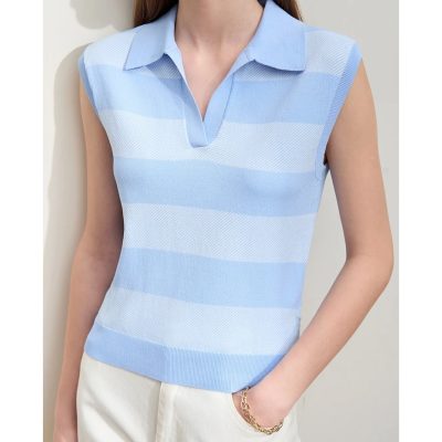 Optical women's sleeveless polo shirt in pastel blue and white stripes, perfect for casual and office wear, featuring a classic collar and modern design.