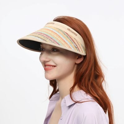 Stylish sun visor hat with multicolor woven design, perfect for outdoor activities and protecting your eyes from UV rays. Lightweight and comfortable for everyday wear.
