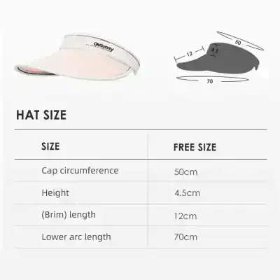Adjustable sun visor hat for outdoor activities, lightweight with a 50cm circumference, 4.5cm height, 12cm brim, and 70cm lower arc length, ideal for sun protection.