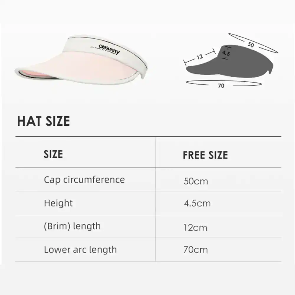 Adjustable sun visor hat for outdoor activities, lightweight with a 50cm circumference, 4.5cm height, 12cm brim, and 70cm lower arc length, ideal for sun protection.