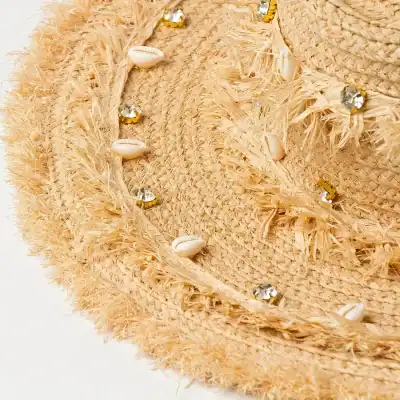 Stunning straw sun hat featuring decorative beads, shells, and rhinestones, perfect for beach days, vacations, or summer outings to elevate your style and protect your skin from the sun.