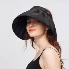 Elegant wide-brim black sun hat designed for women, combining fashion and sun protection. Perfect for outdoor events, beach, hiking, and daily wear, offering shade and style effortlessly.