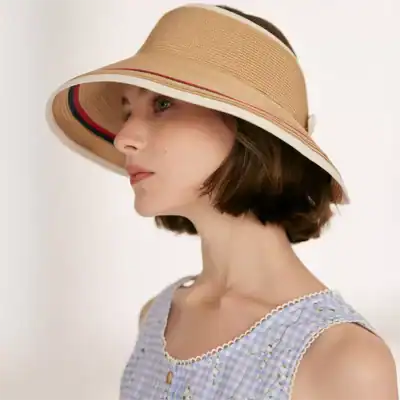 Stylish beige sun hat with wide brim, perfect for summer outdoor activities and sun protection.