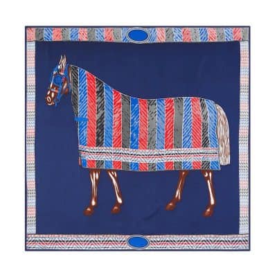 Colorful decorated horse textile artwork in vibrant red, blue, gray, and brown shades, featuring intricate patterns and detailed craftsmanship, ideal for home decor or gifting.