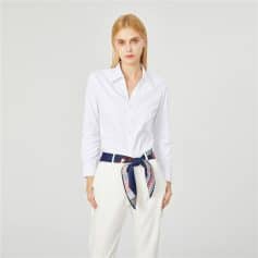 Elegant white button-down blouse styled with a designer scarf belt around the waist, perfect for professional or casual fashion statements.