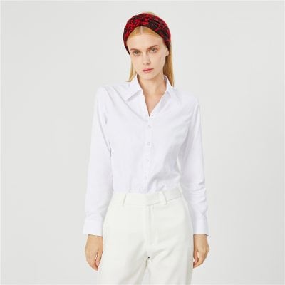 Stylish woman wearing white shirt and red headband, showcasing sophisticated eyewear and opt accessories at Monalisa Store. Perfect for modern visual comfort and fashion.