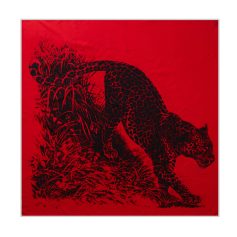 Stylized black and red leopard design with intricate details on a vibrant red background, perfect for modern optical store decor and branding.