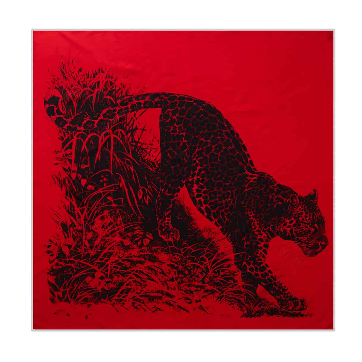 Stylized black and red leopard design with intricate details on a vibrant red background, perfect for modern optical store decor and branding.