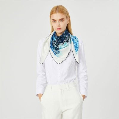 Stylish blue and white silk scarf perfect for women to elevate their optical look.