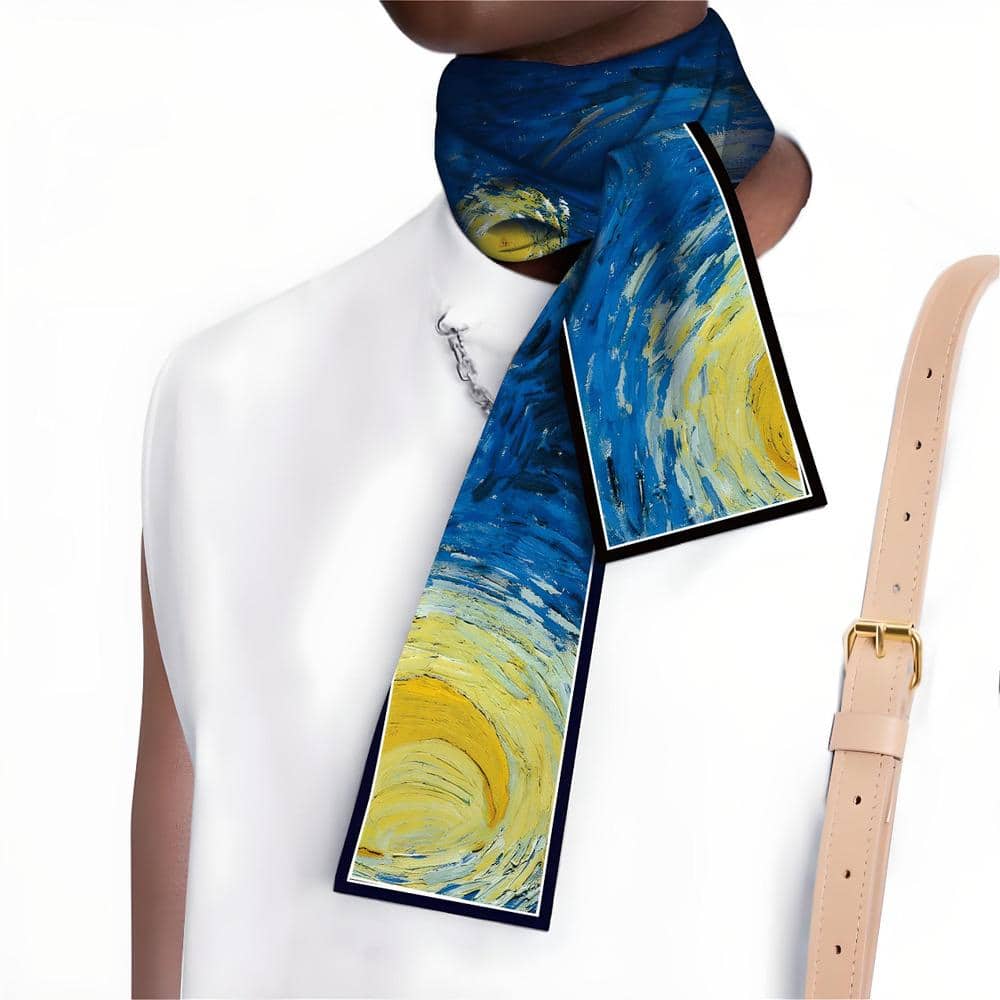 Fashionable scarf inspired by Van Gogh's Starry Night, ideal for stylish women seeking unique accessories at Monalisa Store. Perfect for enhancing your wardrobe with artistic flair.