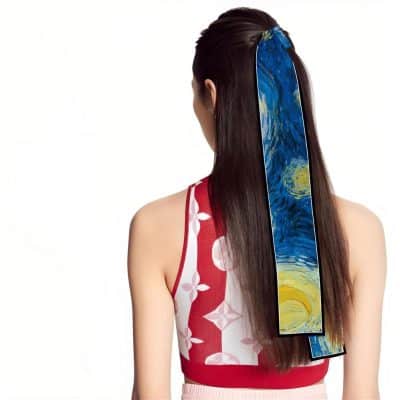Vibrant hair extension featuring Van Gogh's Starry Night design, perfect for artistic hair accessories and creative hair styling, available at Monalisa Store.