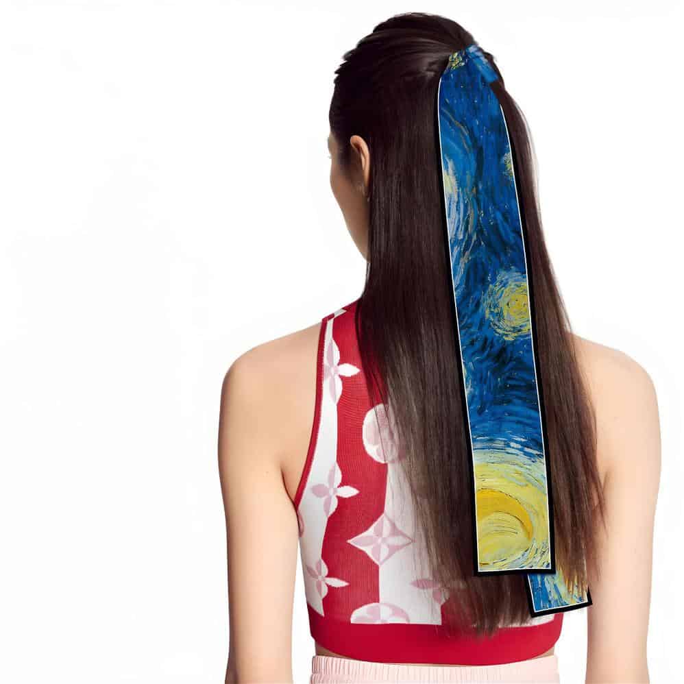 Vibrant hair extension featuring Van Gogh's Starry Night design, perfect for artistic hair accessories and creative hair styling, available at Monalisa Store.
