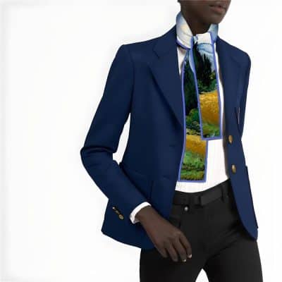 Stylish navy blue blazer for women featuring a tailored fit with gold button details, perfect for professional or casual wear.