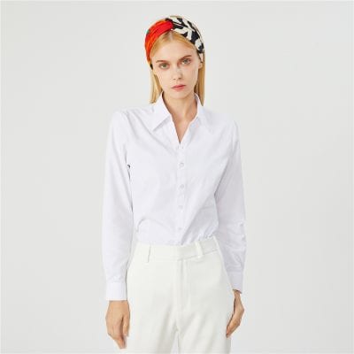 Stylish white blouse with a classic collar, long sleeves, and button-up front perfect for office wear, casual outings, or formal events, available at Monalisa Medical Store.