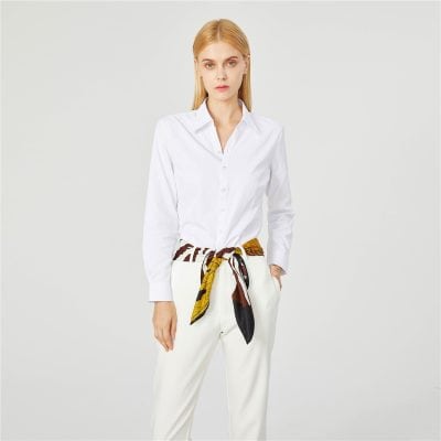 A stylish, classic white button-up shirt for women, perfect for professional or casual outfits, available at Monalisa Store.