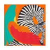 Colorful zebra and feathers wall decor, perfect for modern or eclectic interior designs. Bright orange background highlights striking black and white zebra stripes.