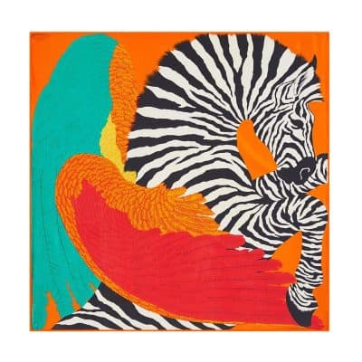 Colorful zebra and feathers wall decor, perfect for modern or eclectic interior designs. Bright orange background highlights striking black and white zebra stripes.