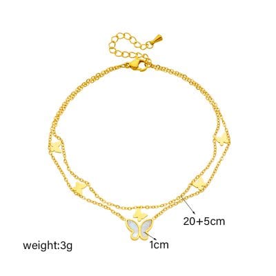 Delicate gold anklet with butterfly charms, adjustable length of 20+5cm, lightweight design, perfect for enhancing any leisurely or formal outfit, ideal for women seeking stylish jewelry.