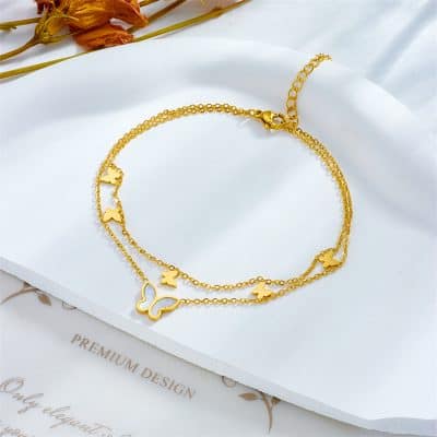 Beautiful gold anklet with butterfly and heart charms, perfect for stylish jewelry lovers. Crafted for durability and elegance for everyday or special occasions.