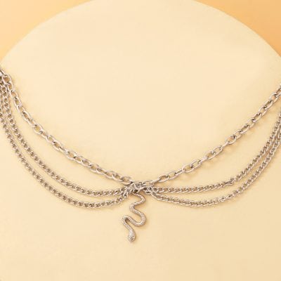 Stunning layered silver snake pendant necklace featuring multiple chains, perfect for jewelry lovers. Shop high-quality, fashionable jewelry at Monalisa Store for a sophisticated look.