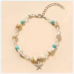 Elegant beach shell jewelry with starfish pendant, turquoise beads, and clear crystals, perfect for summer or vacation accessories, available at Monalisa Store for stylish beachwear.
