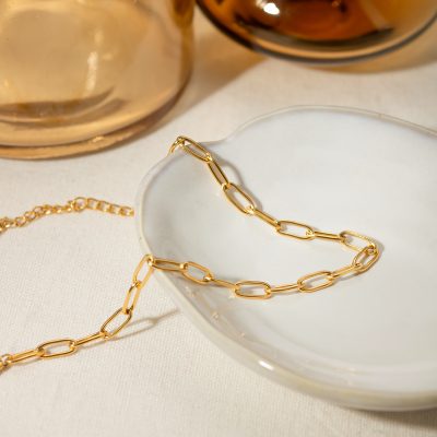 Bronze-colored chain necklace showcased on a white ceramic dish, perfect for stylish jewelry collections and accessory enthusiasts.