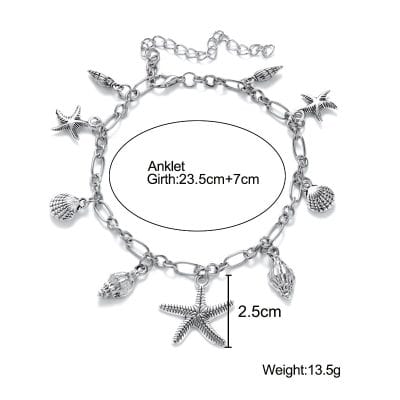 Stylish silver beach anklet with starfish, shell, and sea life charms, perfect for beach lovers and summer fashion. Adjustable to fit ankle sizes 23.5cm + 7cm, weighing 13.5g.