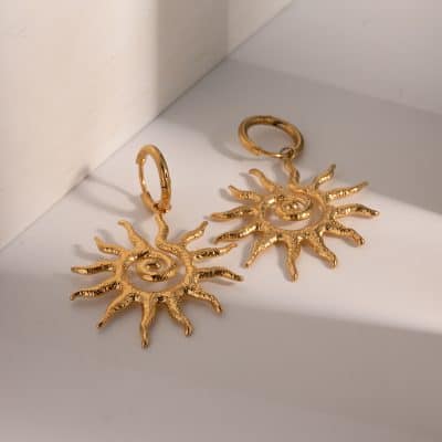 Elegant gold sunburst-shaped earrings with a spiral center, perfect for stylish accessories and jewelry lovers. Crafted with high-quality materials for a luxurious look.