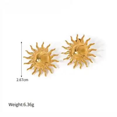 Golden sun-shaped earrings, perfect for stylish accessories and jewelry enthusiasts. These unique statement earrings add a radiant touch to any outfit.