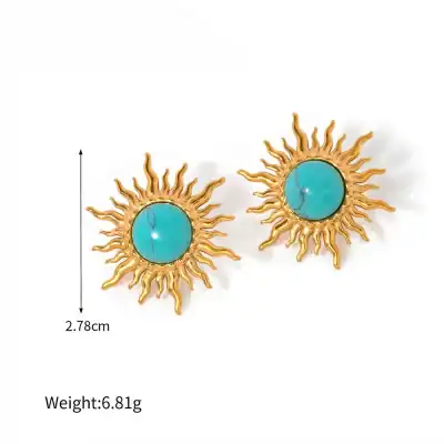 Sterling silver sunburst earrings with vibrant turquoise stones, gold plating, and starburst design – perfect for stylish accessories and jewelry lovers.